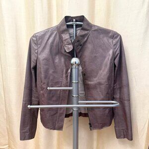 m0851 Leather Jacket Brown - Motorcycle Moto Coat Band Collar Women's 4